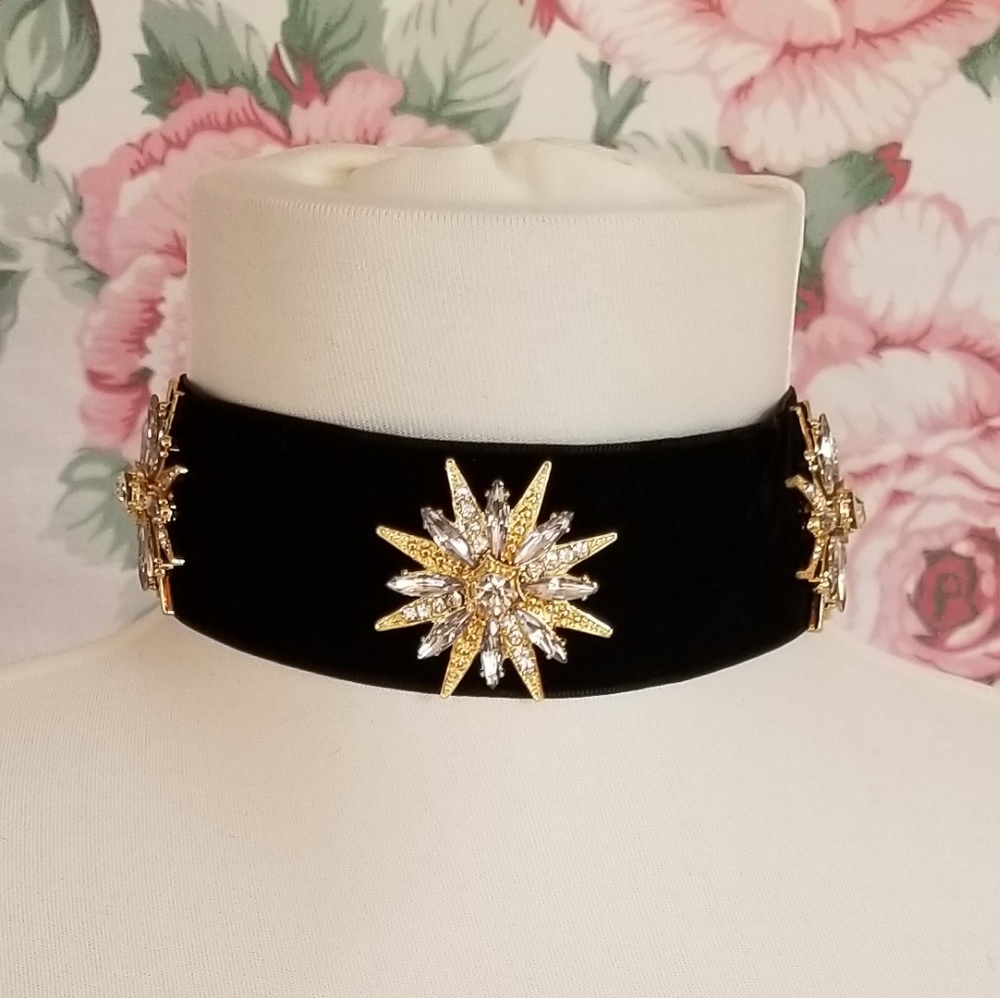 Black Velvet Choker, Gold Crystal Starbursts!